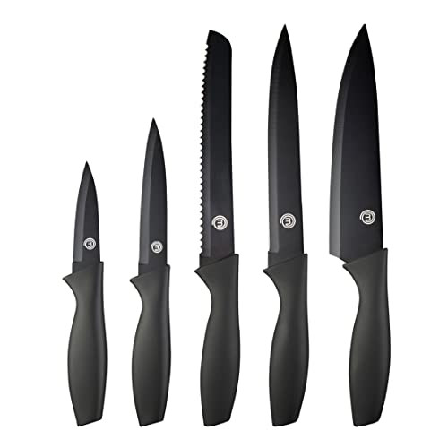 MasterChef Knife Set of 5 Kitchen Knives incl. Paring, Utility, Bread, Carving & Chef Knives for Cooking, Professional Sharp Stainless Steel, Non Stick Blades & Soft Touch Handles, 5 Piece, Black | Amazon (UK)