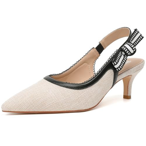 RIBONGZ Women Slingback Low Kitten Heel Shoes Closed Pointed Toe Dress Pumps Slip on Lace Comfort Beige White Heels Braided Bowknot Work Wedding Shoes Size 10.5 | Amazon (US)