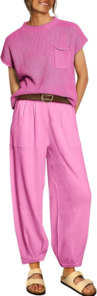 LILLUSORY 2 Piece Outfits For Women Trendy Lounge Sets Cozy Knit Sweater Short Sleeve Fashion Lou... | Amazon (US)