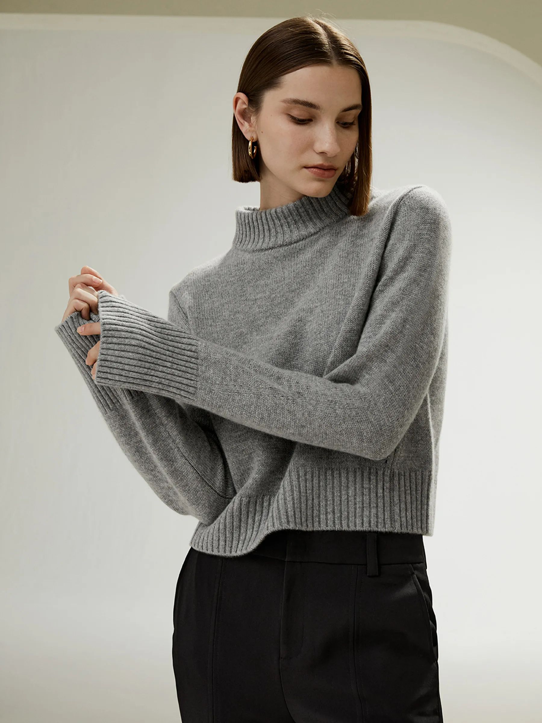 Ribbed Collar and Hemline Wool Cashmere Sweater | LilySilk