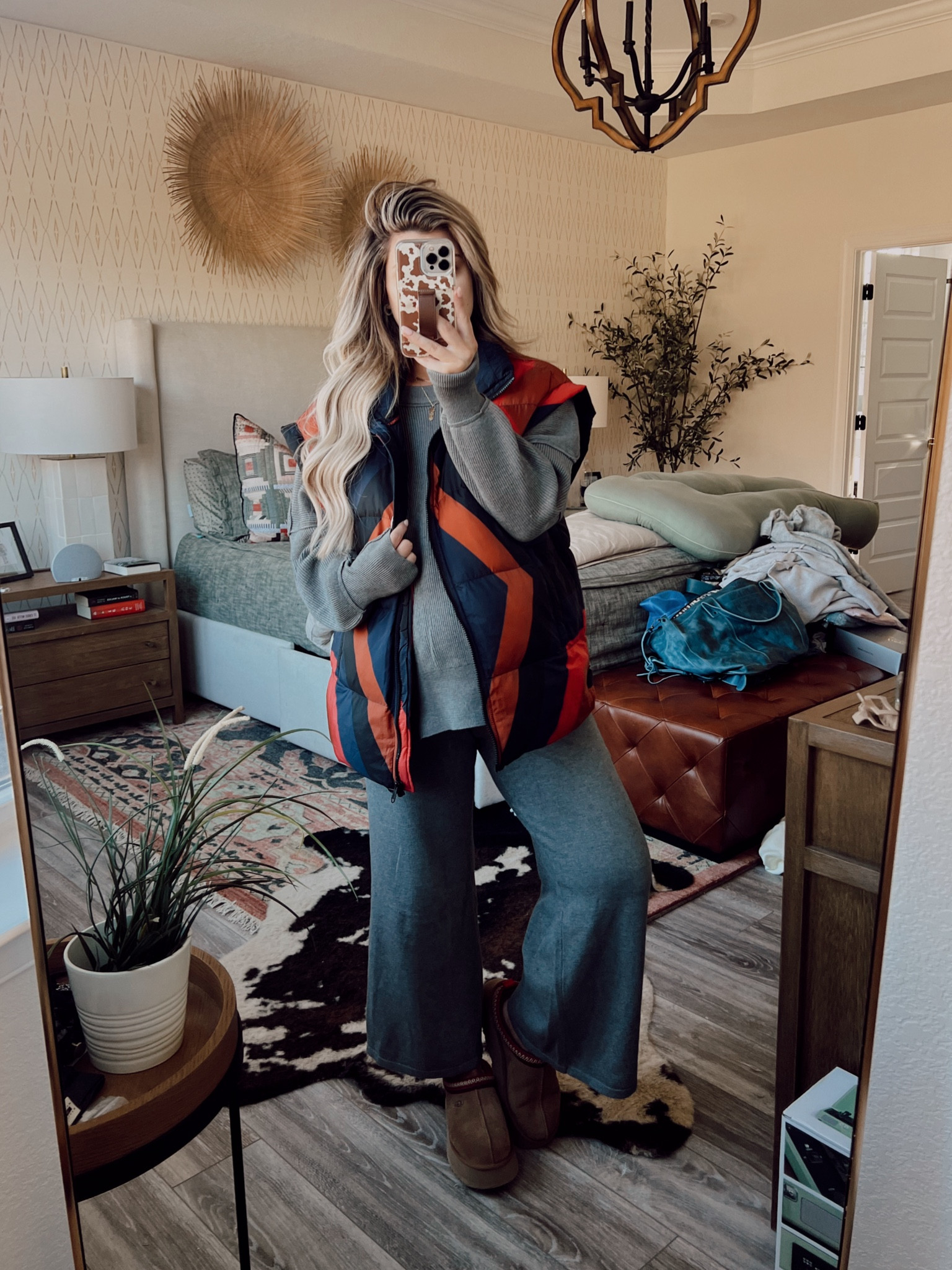 Sweat Set- Amazon
Printed vest- Free People 
Slip ons- Uggs
Denim Shacket- Free People 
Sneakers- Converse 
Hat- Amazon 
Leather Jacket- Walmart
Booties- Vince Camuto 
Long Necklaces - old Impressions 
Earrings- Old Lulus 
Name Necklace- Sis Kiss
Paw Print Necklace- Gift from my sister but she said Etsy! 