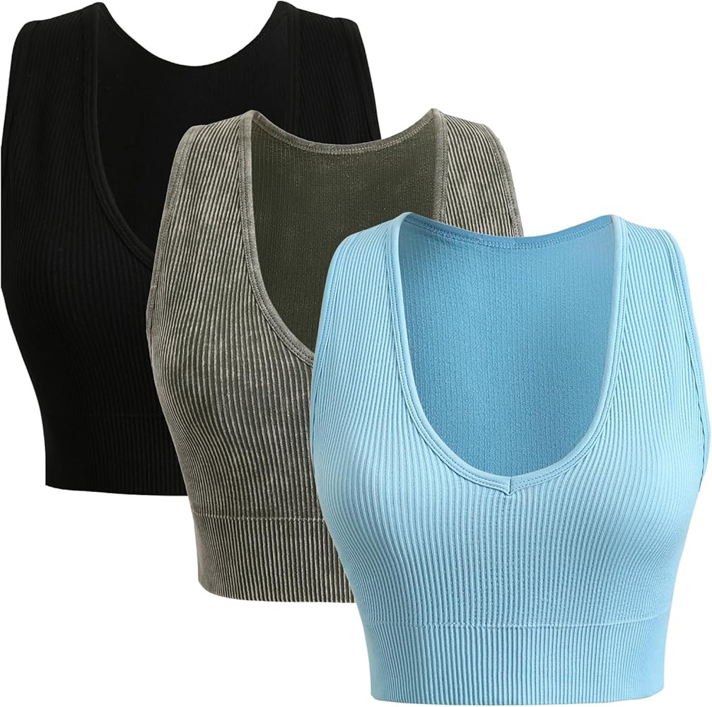 Attifall Women's 3 Pack Ribbed Racerback Crop Tank Top Seamless V-Neck Athletic Workout Cropped T... | Amazon (US)
