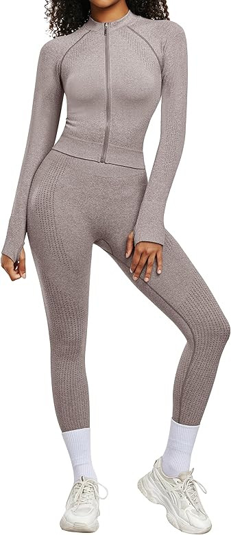 OLCHEE Womens Workout Sets 2 Piece - Seamless Yoga Outfits Long Sleeve Zipper Jacket High Waist L... | Amazon (US)