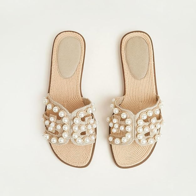 Women's Pearl Raffia Slide Sandals Square Toe Flat Slip-On Summer Sandals Woven Strap Slides | Amazon (US)