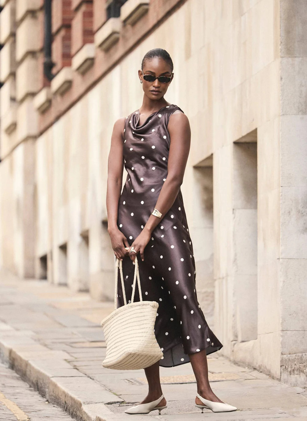 Brown Satin Polkadot Midi Dress | Mint Velvet
