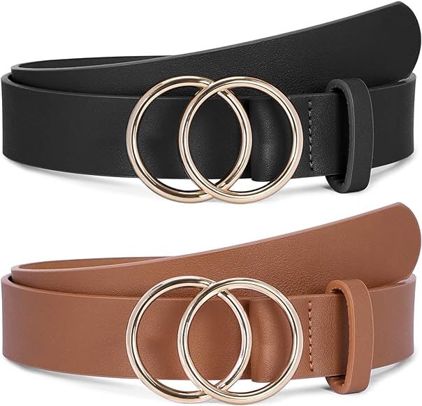 2 Pack Fashion Gold Double O-Ring Buckle Faux Leather Belts for Women By SUOSDEY | Amazon (US)