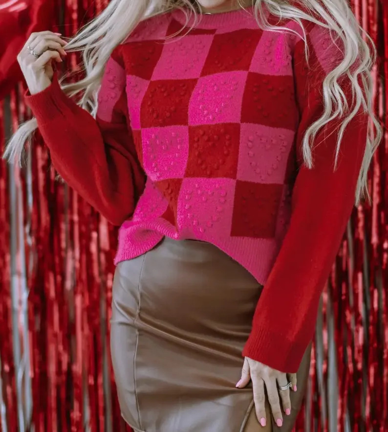 Pink + Red Sweetheart Checkered Sweater | Etsy (US)