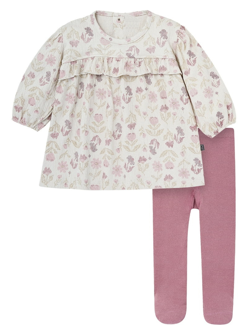 Modern Moments By Gerber Baby Girl Drop Shoulder Dress and Tights Outfit Set, 2-Piece, Sizes 0/3 ... | Walmart (US)