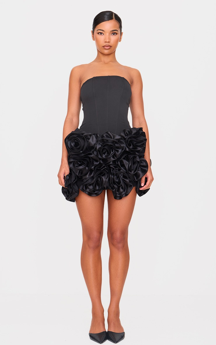 Black Boned Corset Flower Detail Bodycon Dress | PrettyLittleThing IE