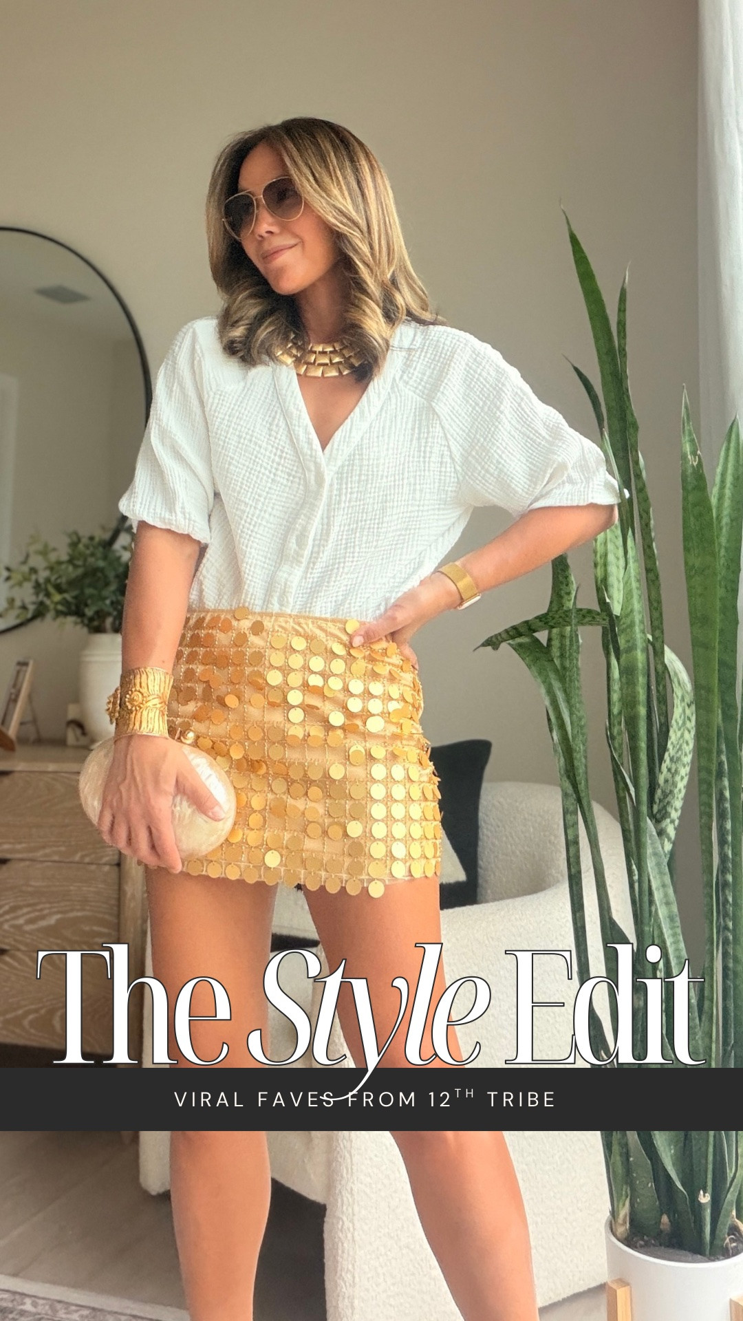 The Miramar Gold Payette Mini Skirt is the statement, so I kept the rest a little more relaxed with a crisp white button-down, gold heels and simple gold accessories. @12th Tribe 

I love the contrast of a fully embellished skirt with something classic on top—it makes the whole look feel more wearable.

And lately, I’m less interested in saving the best pieces for a special occasion. Wear them now. ✨