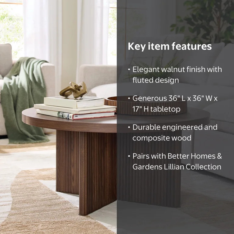 Better Homes & Gardens Lillian Fluted Coffee Table, Walnut Finish | Walmart (US)