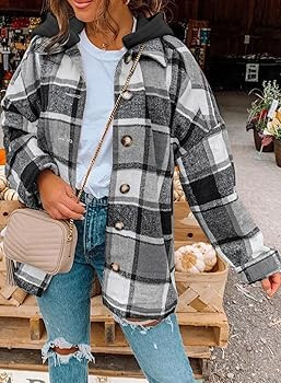 SHEWIN Womens Long Sleeve Button Down Plaid Shirts Flannel Hooded Shacket Jacket Hoodie Coats | Amazon (US)