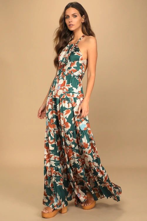 Heat Wave Babe Green Floral Print Tie-Back Tiered Maxi Dress | Lulus (US)