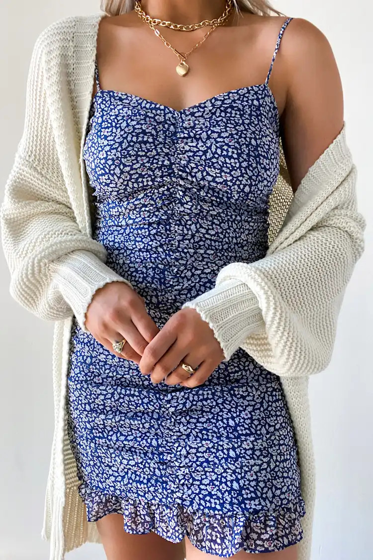 Walk the Walk Blue Floral Print Ruched Bodycon Mini Dress | Lulus (US)