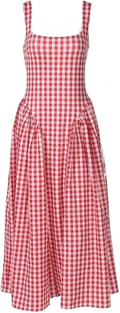 Women's Summer Midi Dress Plaid Print Square Neck Sleeveless and Pleated Backless High-Waist A-Li... | Amazon (US)