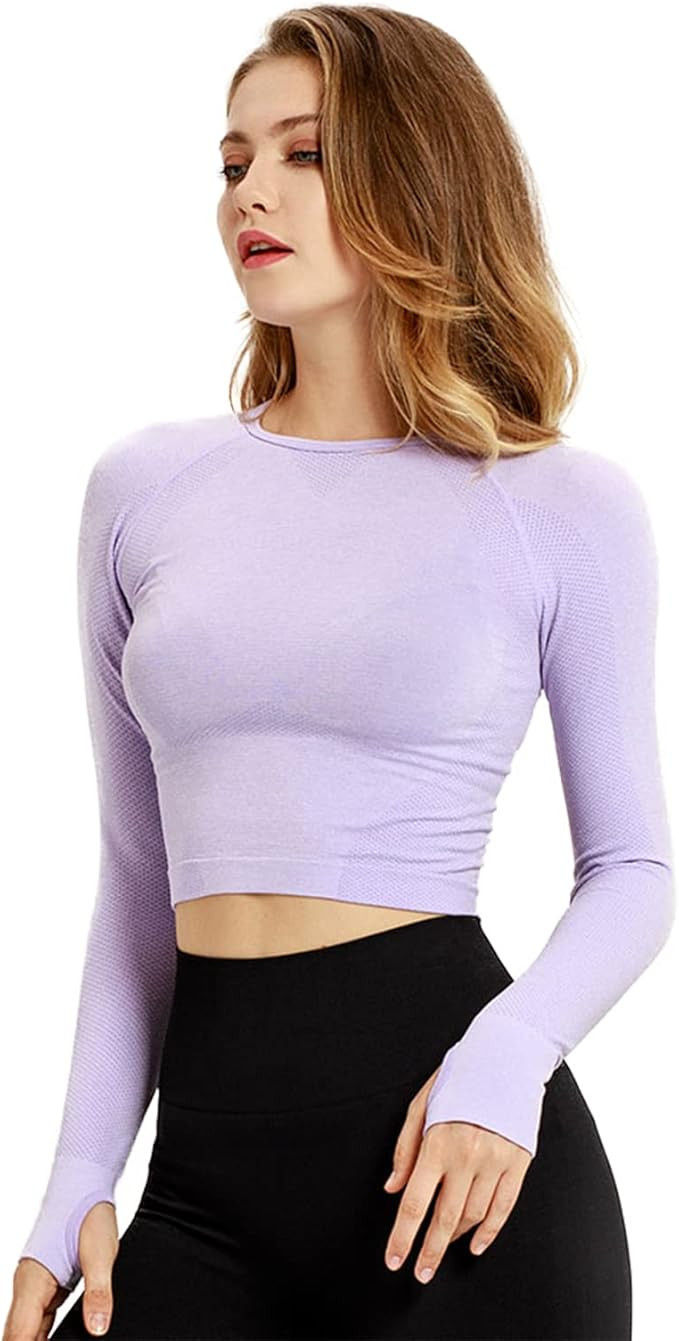 Long Sleeve Workout Shirts for Women Gym Running Seamless Yoga Tops Thumb Hole Cropped Long Sleev... | Amazon (US)