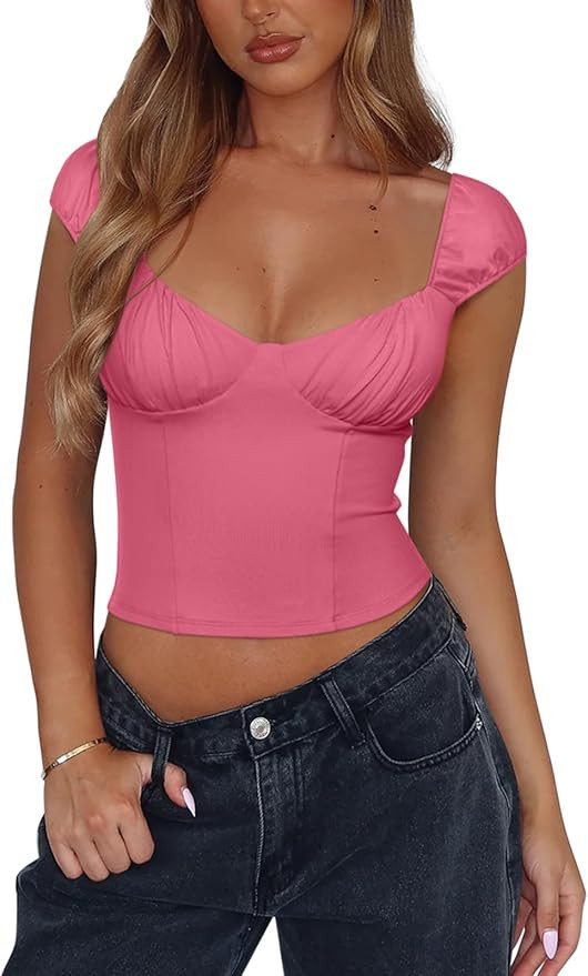 REORIA Womens Y2K Cute Sweetheart Neck Cap Sleeve Print Backless Crop Going Out Tops | Amazon (US)