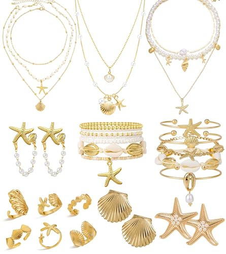 Vieyomn 32 Pcs Starfish Seashell Jewelry Set for Women Layer Necklace Bracelets Stackable Shell Starfish Rings Stud Earrings Pearl Beach Vacation Accessories | Amazon (US)