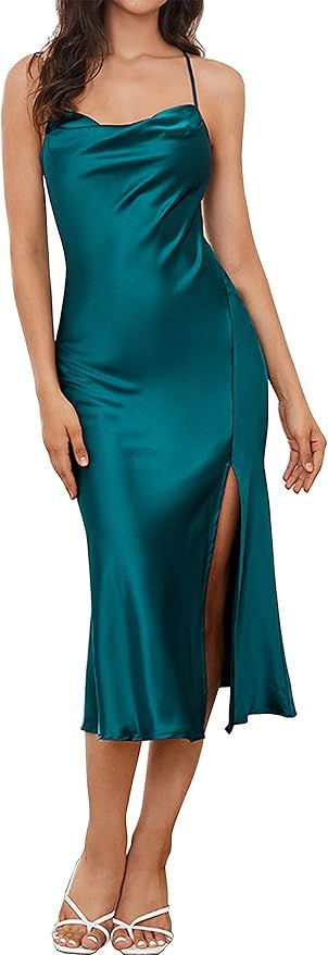 Women's Cowl Neck Spaghetti Strap Satin Dress Backless High Slit Midi Formal Dresses | Amazon (US)