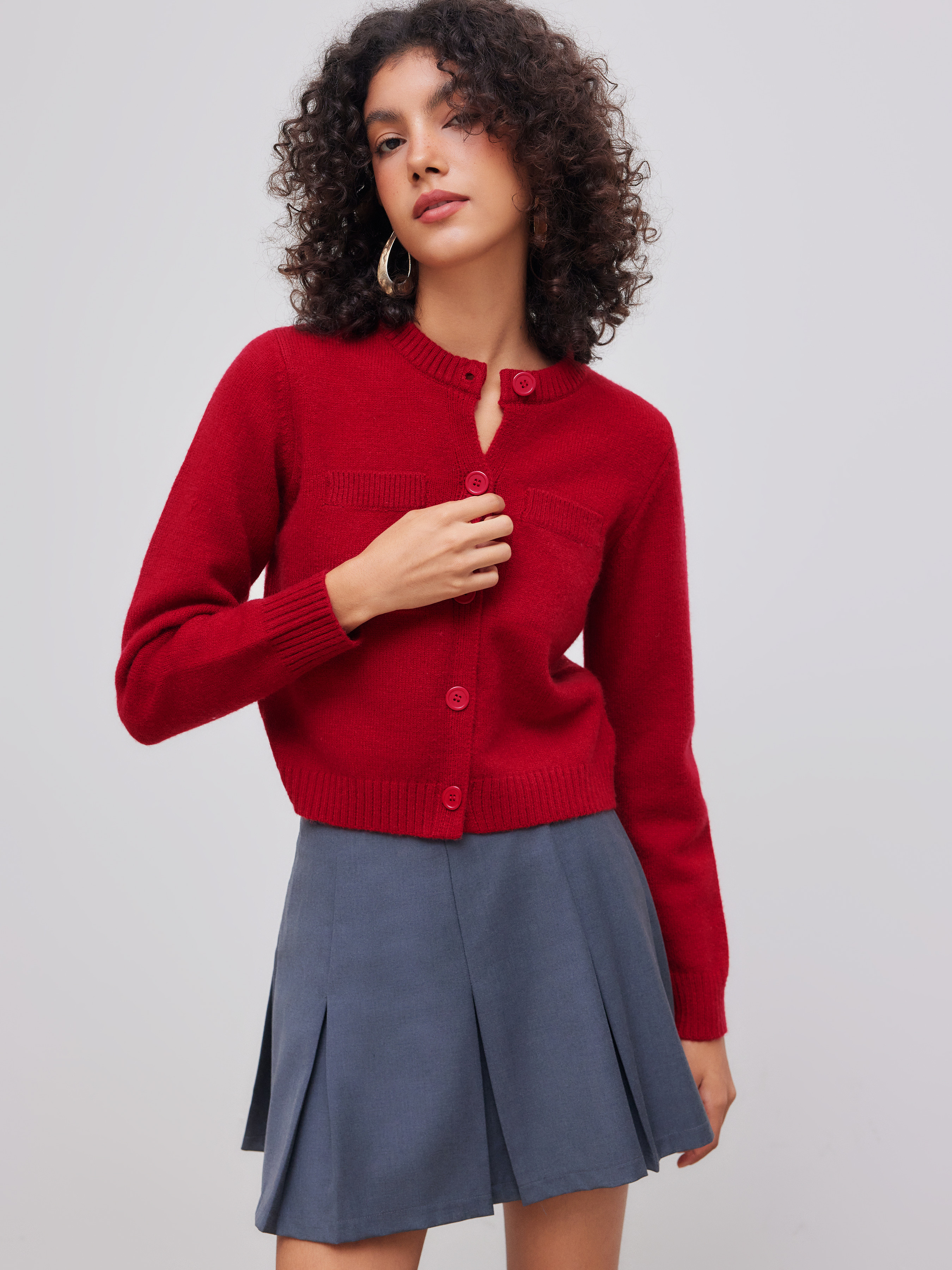 Knit Fabric Round Neckline Solid Button Cardigan For School Daily Casual | Cider