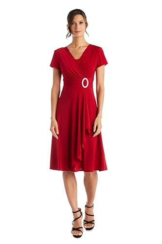 R&M Richards Women's Faux Wrap Solid Cascade Dress W/Rhinestone Buckle & Short Sleeves Red | Amazon (US)