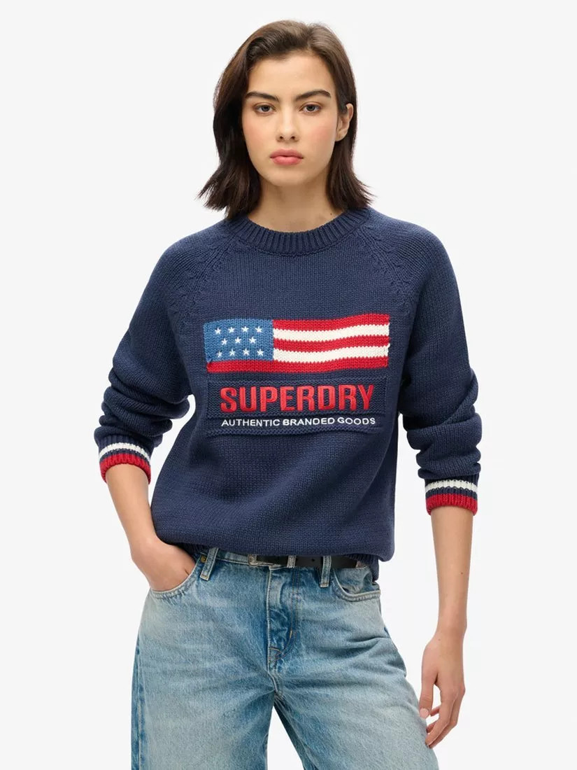 Superdry Americana Crew Knit Jumper, Eclipse Navy | John Lewis (UK)