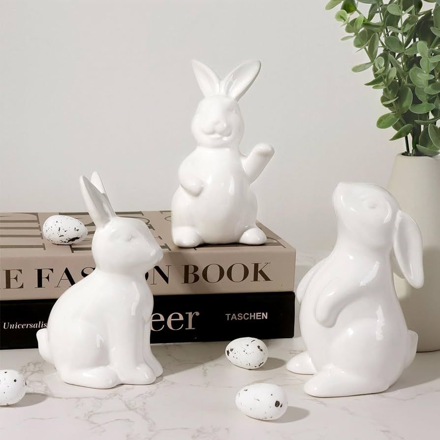Easter Decorations Bunny Decor: White Ceramic Rabbit Figurines Set of 3, Cute Farmhouse Rustic Ea... | Amazon (US)
