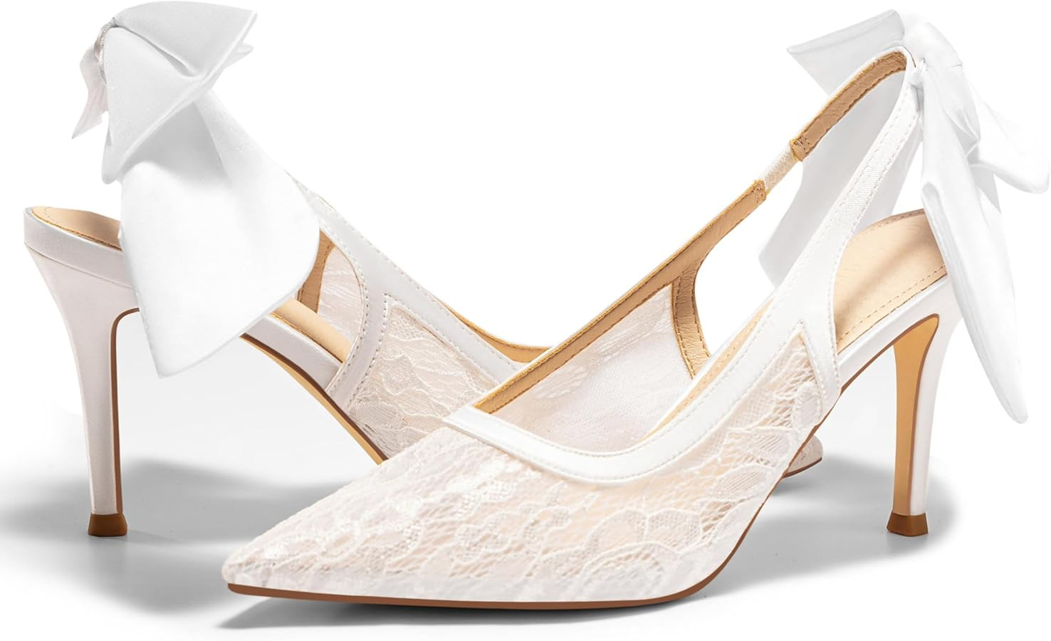 Coutgo Womens Slingback High Heels Bow Closed Pointed Toe Lace Patchwork Party Dress Shoes | Amazon (US)