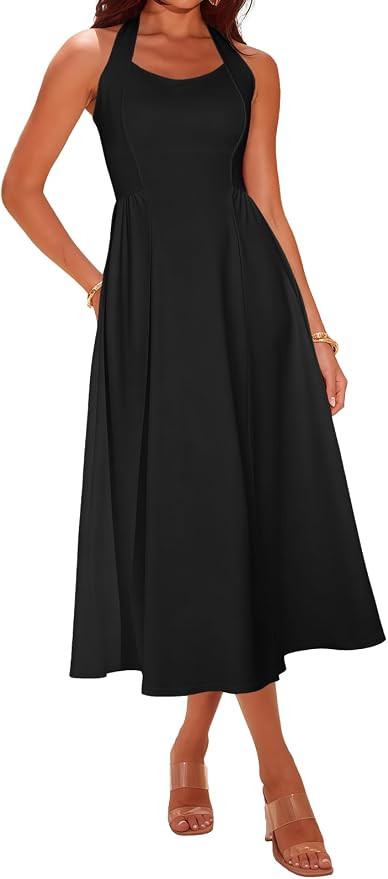 YUNDAI Women’s Halter Neck Midi Dress with Pocket Backless Tie Waist Sleeveless Summer Casual D... | Amazon (US)