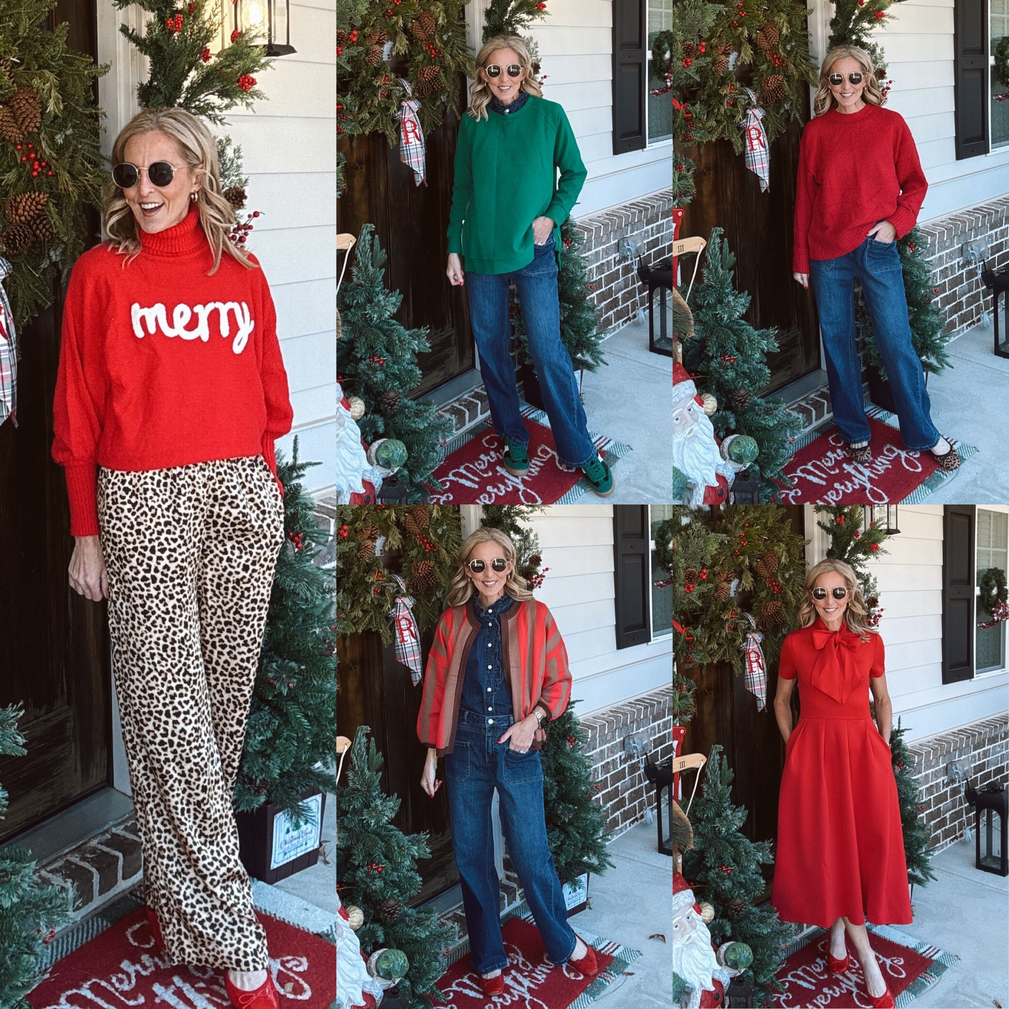 Holiday dressing, but make it real life festive.
From cozy Christmas knits to classic denim layers and a bow-front moment that feels straight out of a holiday movie 🎁❤️ These are the kinds of pieces you can wear all season long — mixing comfort, color, and just the right amount of cheer. Whether you’re running errands, heading to school or work, meeting friends for coffee, or dressing up for a holiday party, these outfits prove you don’t need a closet full of “one-time” looks to feel festive.
Every single piece is wearable, repeatable, and merry in the best way.
