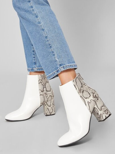 Almond Toe Two Tone Snake Block Heel Ankle Boots | SHEIN