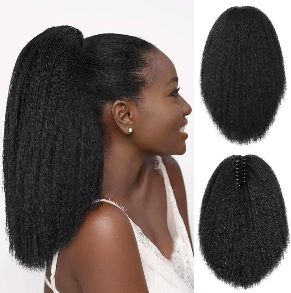 FAVE 16 Inch Kinky Straight Ponytail Extension for Black Women Natural Black Yaki Pony Tails Fluf... | Amazon (US)