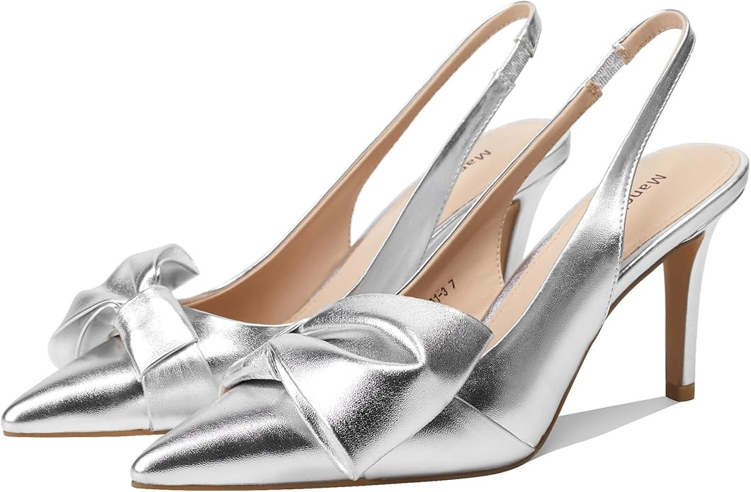 Women's Slingback Heels with Bow Pointed Toe Pumps with Elasticated Strap 3.3" High Heels for Eve... | Amazon (US)