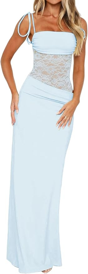 Women's Lace Splicing Cutout Maxi Dress Square Neck Sleeveless Bodycon Long Dress with Sheer Cors... | Amazon (US)