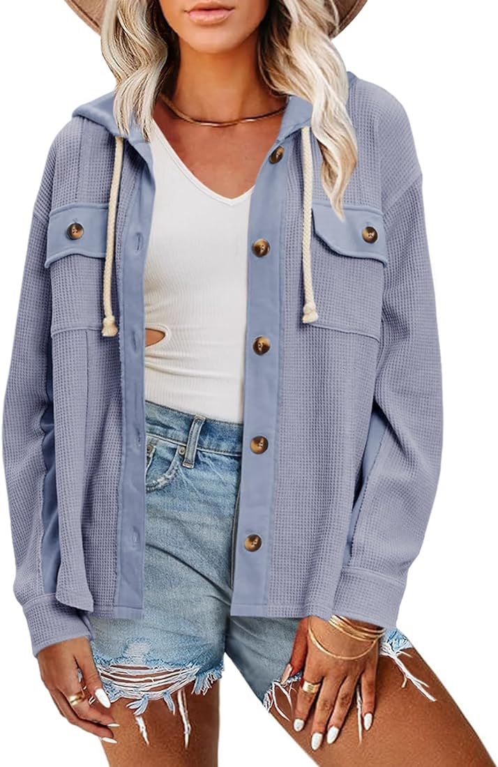 Women Hooded Waffle Knit Jacket Casual Boyfriend Shirts Shacket Button Down Blouse Loose Fit Long... | Amazon (US)