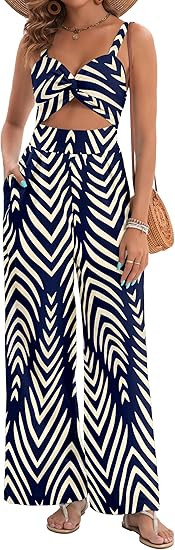 Womens Summer Jumpsuits Dressy Sexy V Neck Twist One Piece Outfits Sleeveless Casual Wide Leg Lon... | Amazon (US)