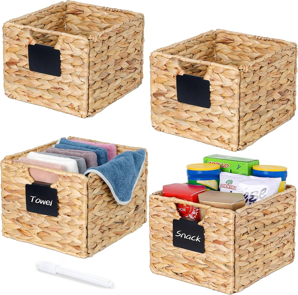 Water Hyacinth Baskets with Labels, 10.5x9x7.5in Wicker Storage Basket, Storage Baskets for Shelv... | Amazon (US)