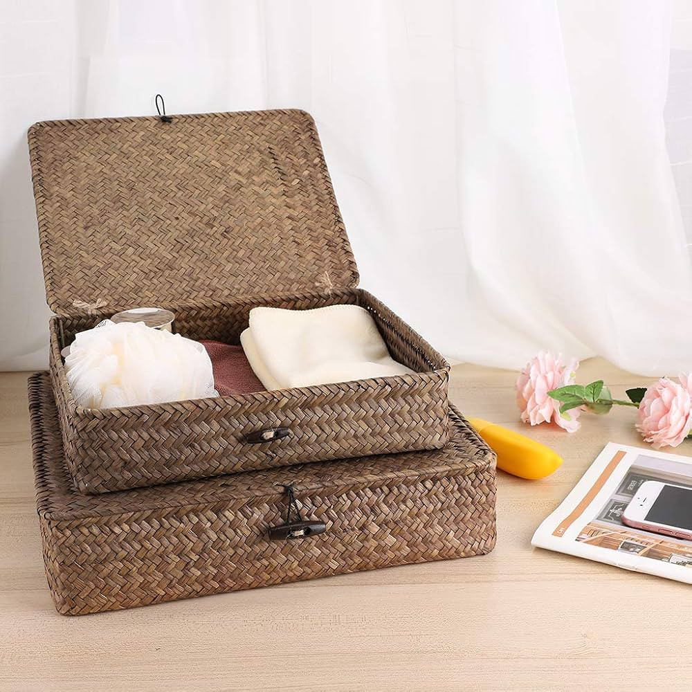 Hipiwe Set of 2 Flat Woven Wicker Storage Bins with Lid Natural Seagrass Basket Multipurpose Home... | Amazon (US)