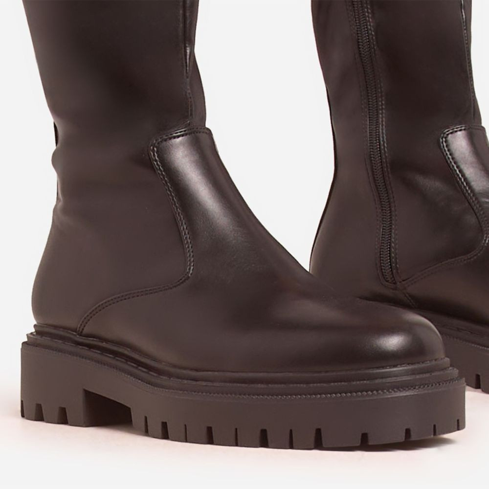 Montey Side Logo Detail Chunky Sole Knee High Long Boot In Black Faux Leather | EGO (UK)
