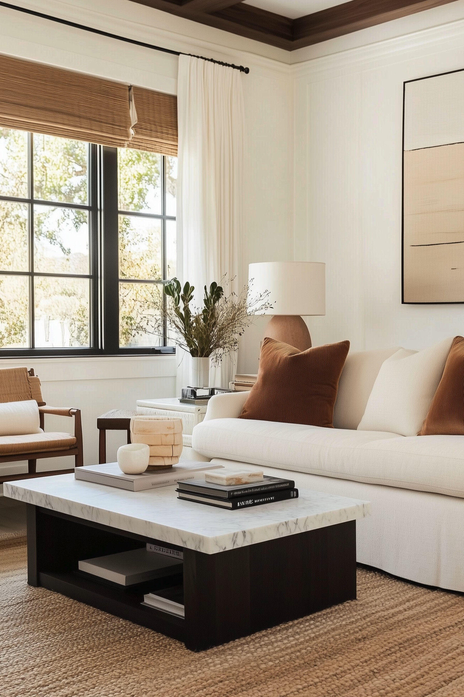 Warm Neutral Living Room — an organic modern scene with a creamy sofa, rust velvet pillows, and a marble-top coffee table on a chunky jute rug. Black grid windows with woven Roman shades, crisp white curtains, and a coffered wood ceiling add architectural detail, while a textured table lamp, airy branches, and minimalist abstract art complete the cozy, elevated look.

🖤 If you want to see more content like this, FOLLOW maeveandmodern on LTK, Instagram, and Pinterest! Check out our blog where we post daily, maeveandmodern.com!

Neutral living room | Organic modern decor | Rust velvet pillows | Marble coffee table | Black grid windows | Woven Roman shades | White pinch-pleat curtains | Chunky jute rug | Wood coffered ceiling | Minimal abstract art | Ceramic table lamp | Wood accent chair | Coffee table styling | Warm earthy tones | Scandinavian-meets-Mediterranean | Collected yet refined
  

 

#LTKHome #LTKSaleAlert #LTKFindsUnder100 #LTKSeasonal #LTKHome #LTKSaleAlert