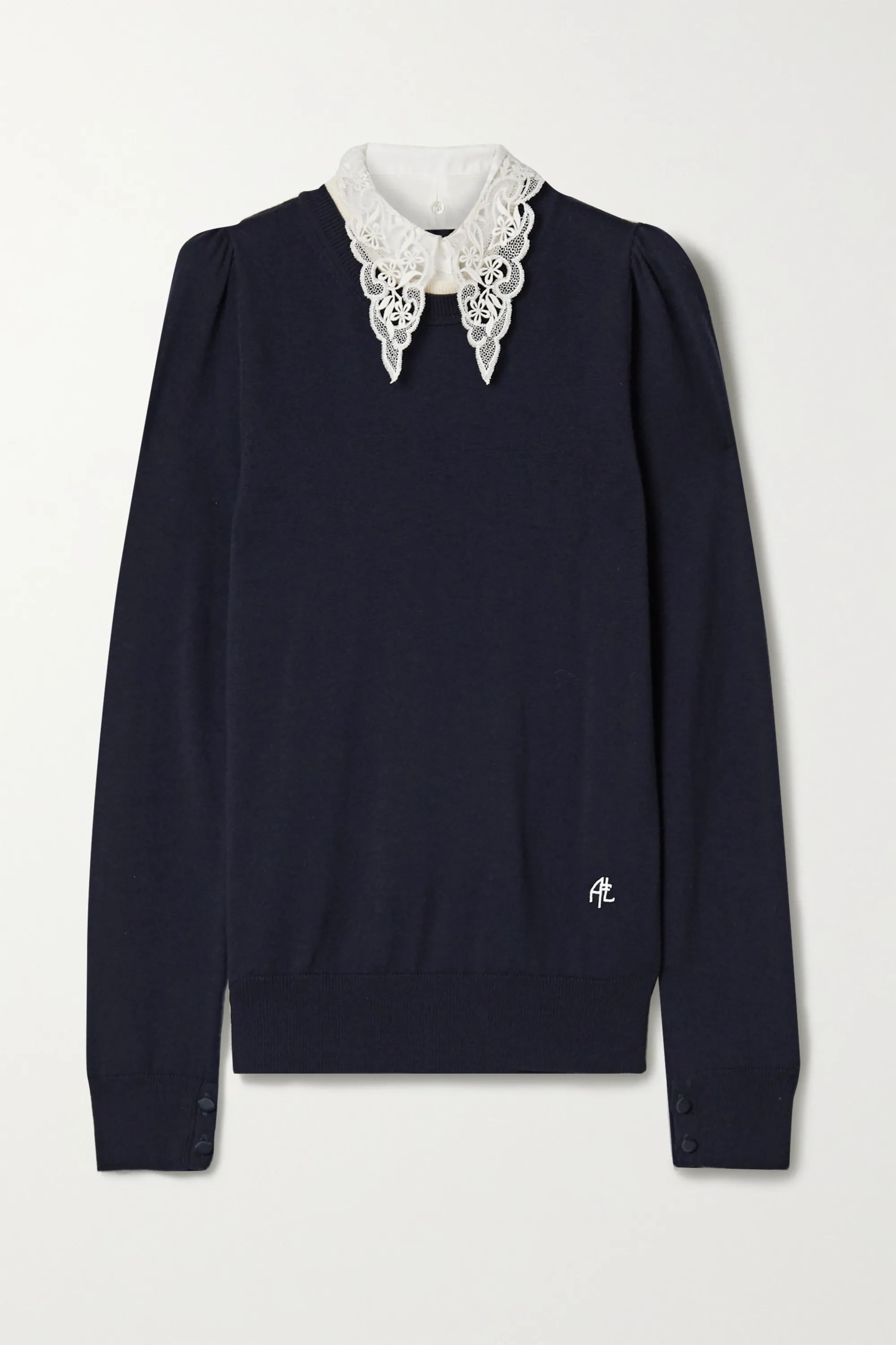 Black Poplin and crocheted lace-trimmed wool sweater | Adam Lippes | NET-A-PORTER | NET-A-PORTER (US)