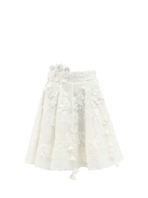 Zimmermann - Postcard Floral-appliqué Pleated Linen-blend Skirt - Womens - Ivory | Matches (US)