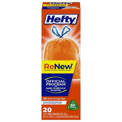 Hefty Renew Orange Drawstring Trash Bags - 13gal/20ct: Reinforced Top, LDPE Material, Solid Pattern | Target