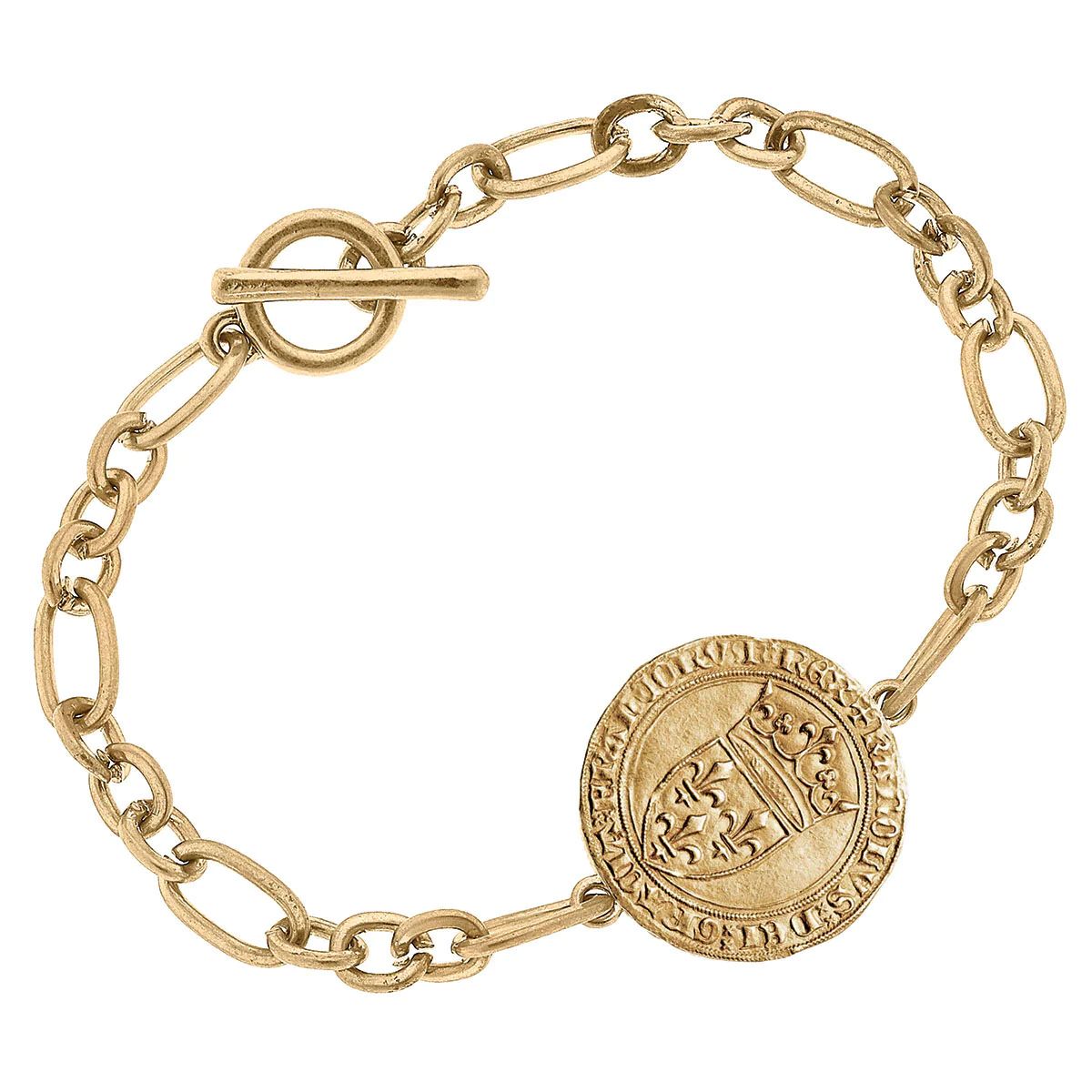 CANVAS Style x MaryCatherineStudio French Coin T-Bar Bracelet in Worn Gold | CANVAS