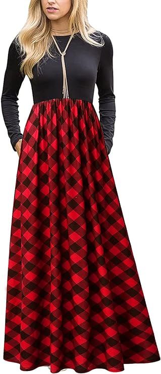 MEROKEETY Women's Plaid Long Sleeve Empire Waist Full Length Maxi Dress at Amazon Women’s Cloth... | Amazon (US)