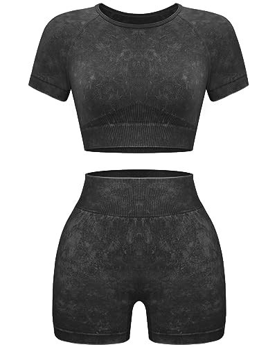 OLCHEE Womens Workout Sets 2 Piece - Seamless Acid Wash Yoga Outfits Leggings Shorts and Crop Top Matching Gym Activewear Athletic Clothing Set - Black Small | Amazon (US)