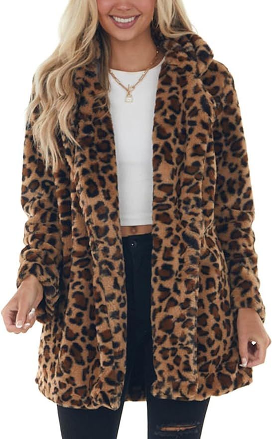 SeekMe Womens Faux Fur Coats Leopard Jackets Loose Warm Fall Winter Fluffy Jacket Outwear | Amazon (US)