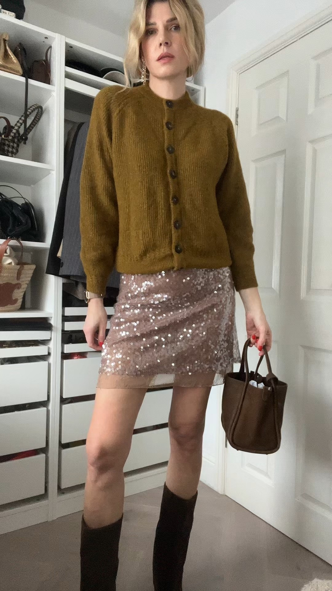 Festive outfits, khaki cardigan, sequin skirt, oversized bomber, suede boots, Jacquemus bag 

#LTKwinter #LTKeurope #LTKdatenight