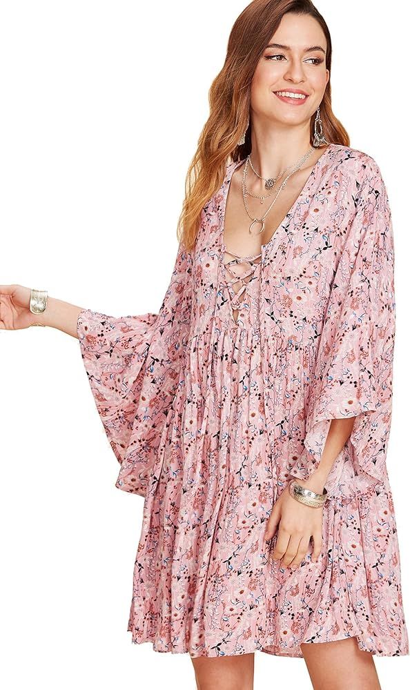 Milumia Womens Floral Print Front Cross Deep V-Neck Flare Sleeve Loose Short Mini Dress | Amazon (US)