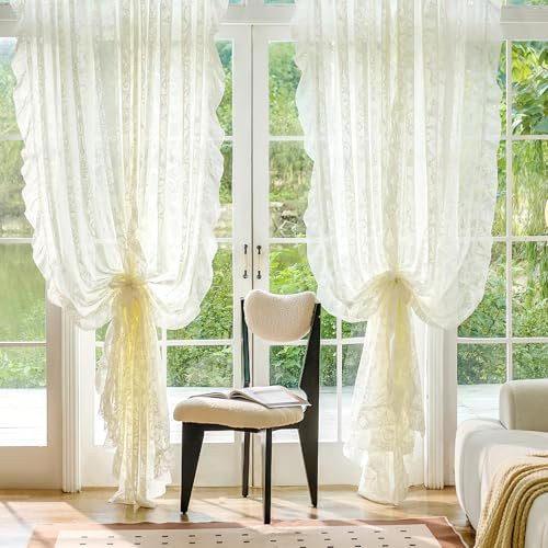 TUDECO Ivory Sheer Curtains 90 Inches Long, Cottage Core Lace Curtains for Living Room, Rod Pocket Ruffled Edges, Light Filtering&Privacy, Pretty Cream Vintage Room Decor, 59W x 90 Inch, 2 Panels | Amazon (US)